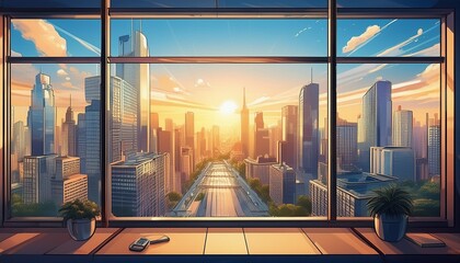 City view through the windows of an office building