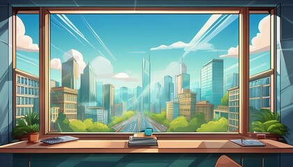 City view through the windows of an office building