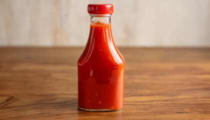 Wall Mural - Glass bottle of red hot chili sauce on rustic wooden table. Tasty and spicy. Flavorful food dressing