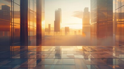 futuristic cityscape at dawn sleek skyscrapers reflecting golden sunlight empty observation deck in foreground misty atmosphere