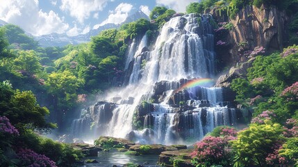 Canvas Print - A majestic waterfall cascading down a rugged cliff, surrounded by lush, verdant forest, with the mist creating a vibrant rainbow in the sunlit air and adding to the scenic beauty Watercolor style,