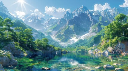 Wall Mural - A majestic, sunlit mountain range, with rugged peaks and lush, verdant forests, their beauty reflected in a clear, tranquil alpine lake below, creating a serene and picturesque scene Watercolor