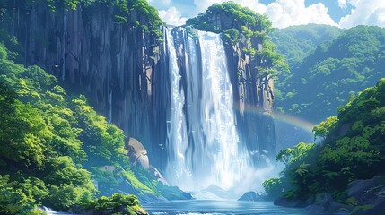 Poster - A majestic waterfall cascading down a rugged cliff, surrounded by lush, verdant forest, with the mist creating a vibrant rainbow in the sunlit air and adding to the scenic beauty Watercolor style,