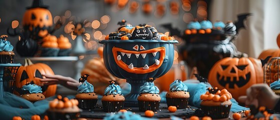 A close-up of a Halloween-themed dessert table