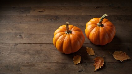 Two vibrant orange pumpkins nestled amongst fallen autumn leaves on a rustic wooden surface. This warm and inviting still life captures the essence of fall harvest with its rich colors and textures.