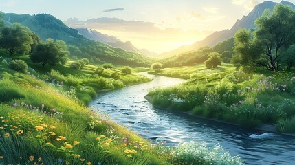 Canvas Print - A picturesque river winding its way through a lush, verdant valley, with vibrant wildflowers blooming along its banks and the landscape bathed in the warm, golden light of the sun Watercolor style,