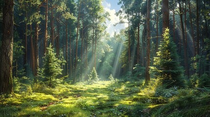 Wall Mural - A sunlit forest glade, with rays of light streaming through the tall, majestic pine trees, illuminating the vibrant green undergrowth and creating a tranquil, serene atmosphere Watercolor style, high