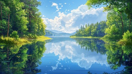 Poster - A tranquil lake surrounded by a lush, verdant forest, with the still waters reflecting the vibrant colors of the trees and the sky, creating a serene and picturesque landscape Watercolor style, high