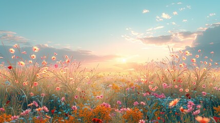 Wall Mural - A vibrant, blooming savanna, with tall grasses and colorful wildflowers swaying gently in the breeze, under a clear, blue sky and a warm, golden sun, creating a picturesque scene Watercolor style,