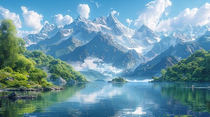 Poster - Majestic mountains towering over a tranquil alpine lake, their rugged peaks reflected in the pristine waters, surrounded by lush, verdant forests teeming with wildlife and beauty Watercolor style,