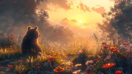 Wall Mural - The ethereal beauty of a misty, dewy meadow at dawn, with wildflowers in full bloom and the landscape bathed in the soft, golden light of the rising sun, creating a tranquil atmosphere Watercolor