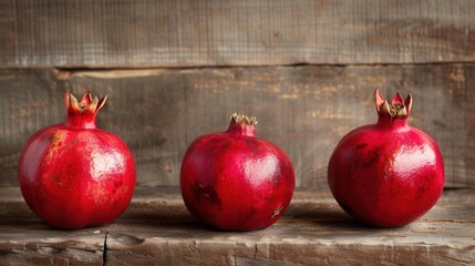Poster - three ripe pomegranates with visible seeds are arranged on a rustic wooden surface. generative ai