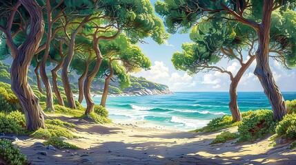 Poster - The picturesque beauty of a coastal grove, with verdant trees swaying gently in the ocean breeze, their leaves shimmering in the sun, and waves lapping against the sandy shoreline Watercolor style,