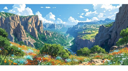 Poster - The rugged, untamed beauty of a canyon, with towering, rocky cliffs and a winding river below, framed by a lush, verdant landscape of wildflowers and hardy shrubs Watercolor style, high resolution