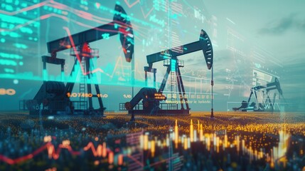 Aufkleber - Oil rigs pump crude oil in a field with a digital screen overlay displaying financial charts showing an upward trend, representing the rising cost of gasoline. Generative AI