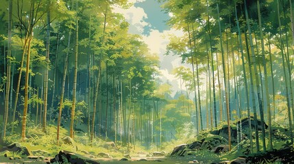 Sticker - The serene, tranquil beauty of a bamboo grove, with tall, slender stalks swaying gently in the breeze, their leaves creating a soothing, rustling sound and a sense of calm Watercolor style, high