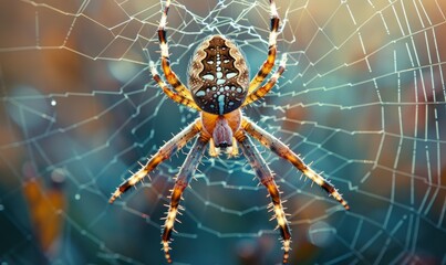 Close-up of a spider in its intricate web