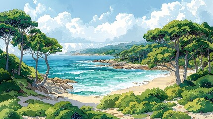 Canvas Print - The tranquil beauty of a coastal grove, with verdant trees swaying gently in the ocean breeze, their leaves shimmering in the sun, and waves lapping against the sandy shoreline Watercolor style, high