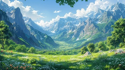 Wall Mural - A picturesque mountain valley, with lush, green fields and vibrant wildflowers, framed by towering, rugged peaks and a clear, blue sky, creating a serene and majestic scene Watercolor style, high