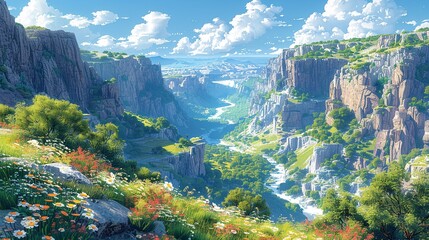 Poster - The rugged, untamed beauty of a canyon, with towering, rocky cliffs and a winding river below, framed by a lush, verdant landscape of wildflowers and hardy shrubs Watercolor style, high resolution