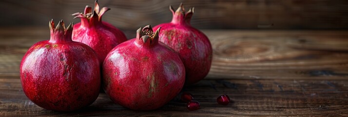 Poster - three red ripe pomegranates with visible seeds are arranged on a rustic wooden surface. generative a