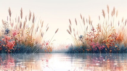 Canvas Print - The serene beauty of a marshland, with tall grasses and reeds swaying gently in the breeze, their tips glistening with morning dew, and a variety of colorful, blooming plants Watercolor style, high