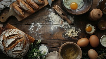 Poster - Ingredients and bread displayed on wooden surface