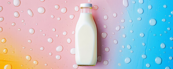 bottle of milk on a bright color background, surrounded by milk droplets. the vibrant background mak