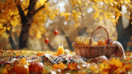 Poster - A fall picnic set up with a basket of food and drinks on a blanket in a park with golden trees. Generative AI