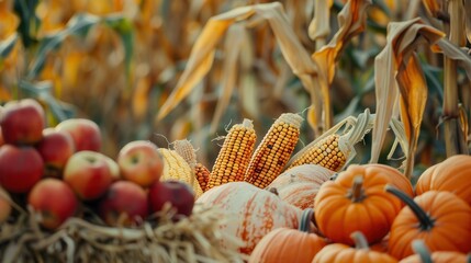 Poster - A bountiful autumn harvest is displayed in a field, featuring corn, pumpkins, and apples. Generative AI
