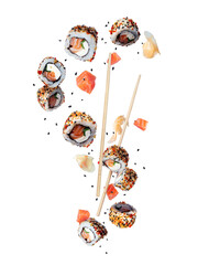 Wall Mural - Levitation of delicious fresh sushi rolls with ginger in the air isolated on white background