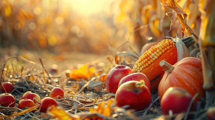 Poster - A close-up of an autumn harvest in a field, showcasing corn, pumpkins, and apples. Generative AI