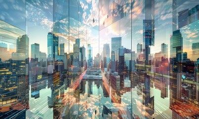 Wall Mural - Artistic photo manipulation of mirrored city skyline, distorting reality and perception through digital art