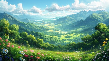 Poster - A panoramic view of a lush, verdant valley with rolling hills and blooming flowers under a sunlit sky, creating a breathtaking and tranquil nature background image. Watercolor style, high resolution