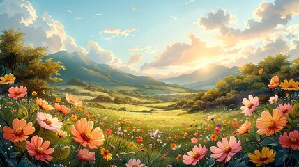 Wall Mural - A lush, blooming floral meadow with vibrant colors, sunlit sky, and rolling hills, offering a picturesque and tranquil nature background image. Watercolor style, high resolution Illustration, in the