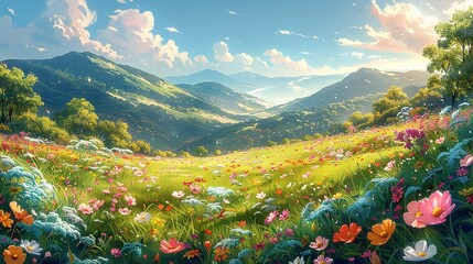 Wall Mural - A lush, blooming floral meadow with vibrant colors, sunlit sky, and rolling hills, offering a picturesque and tranquil nature background image. Watercolor style, high resolution Illustration, in the
