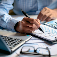 Accounting company,  businesswoman working with calculator, the man is sitting at the table, holding a pen and paper, while looking intently at a calculator,  people is working on a paper 