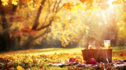 Poster - A picnic basket filled with food and drinks sits on a red and white checkered blanket, surrounded by colorful fall foliage. Generative AI