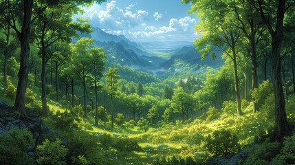 Poster - Panoramic view of a wooded forest with shadowed trees, lush undergrowth, and a misty, sunlit sky, creating a serene and picturesque nature background image. Watercolor style, high resolution