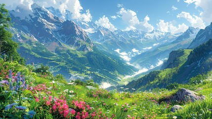 Sticker - Scenic alpine meadow with blooming flowers, misty mountain peaks, and verdant valleys under a sunlit sky, offering a picturesque and tranquil nature background image. Watercolor style, high