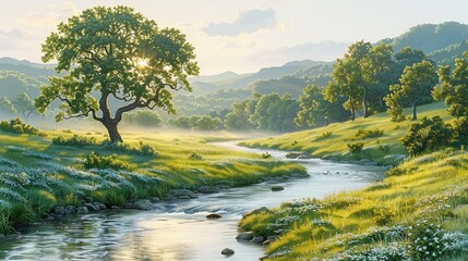 Poster - Serene riverine scene with riparian elements, featuring a misty, sunlit river winding through a lush, verdant landscape, perfect for a tranquil nature background image. Watercolor style, high