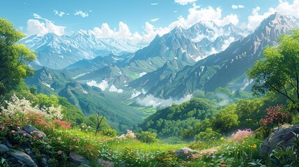 Wall Mural - Breathtaking alpine landscape with misty mountain peaks, verdant valleys, and blooming flowers under a sunlit sky, creating a picturesque and tranquil nature background image. Watercolor style, high