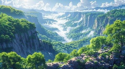 Canvas Print - Panoramic view of a wooded canyon with shadowed cliffs, lush greenery, and a misty, sunlit sky, creating a picturesque and serene nature background image. Watercolor style, high resolution