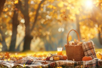 Poster - A picnic blanket rests on grass by golden trees, with a wicker basket and checkered blanket next to a spread of food and drinks for a cozy autumn scene. Generative AI