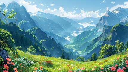 Wall Mural - Scenic alpine meadow with blooming flowers, misty mountain peaks, and verdant valleys under a sunlit sky, offering a picturesque and tranquil nature background image. Watercolor style, high