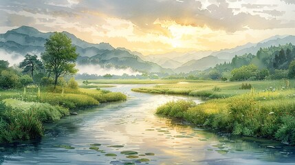 Wall Mural - Serene riverine scene with riparian elements, featuring a misty, sunlit river winding through a lush, verdant landscape, perfect for a tranquil nature background image. Watercolor style, high