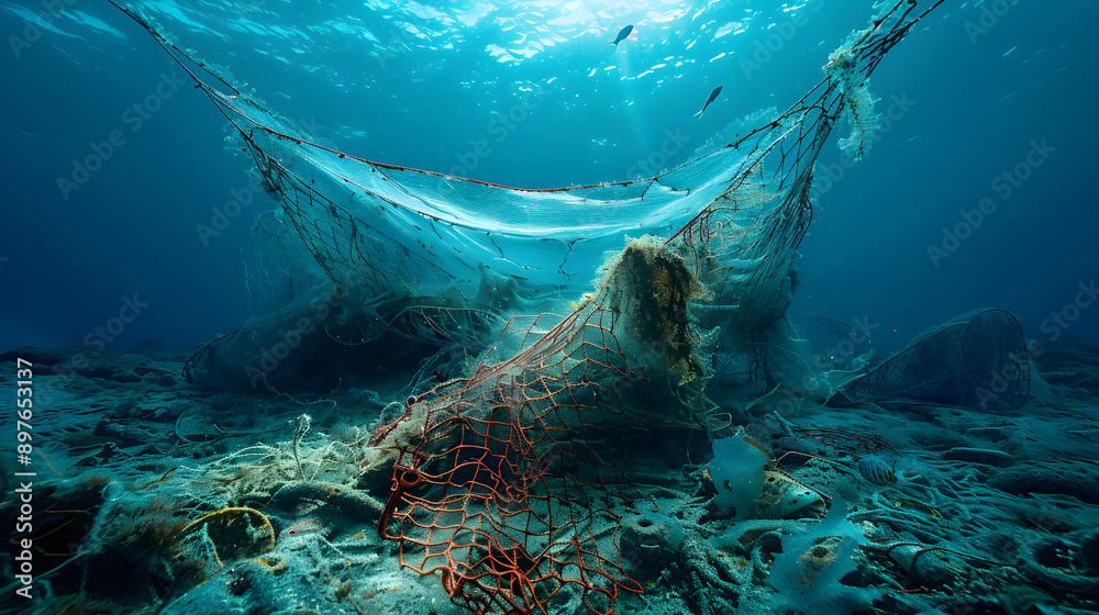 underwater scene with abandoned fishing nets, marine life interaction ...