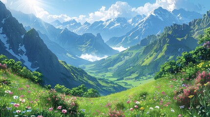Wall Mural - Scenic alpine meadow with blooming flowers, misty mountain peaks, and verdant valleys under a sunlit sky, offering a picturesque and tranquil nature background image. Watercolor style, high
