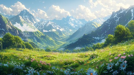 Wall Mural - Scenic alpine meadow with blooming flowers, misty mountain peaks, and verdant valleys under a sunlit sky, offering a picturesque and tranquil nature background image. Watercolor style, high