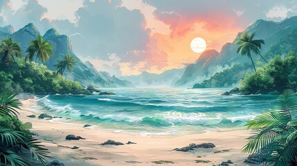 Sticker - Scenic coastal landscape with marine elements, featuring a misty, sunlit horizon and lush, verdant shoreline, perfect for a serene nature background image. Watercolor style, high resolution